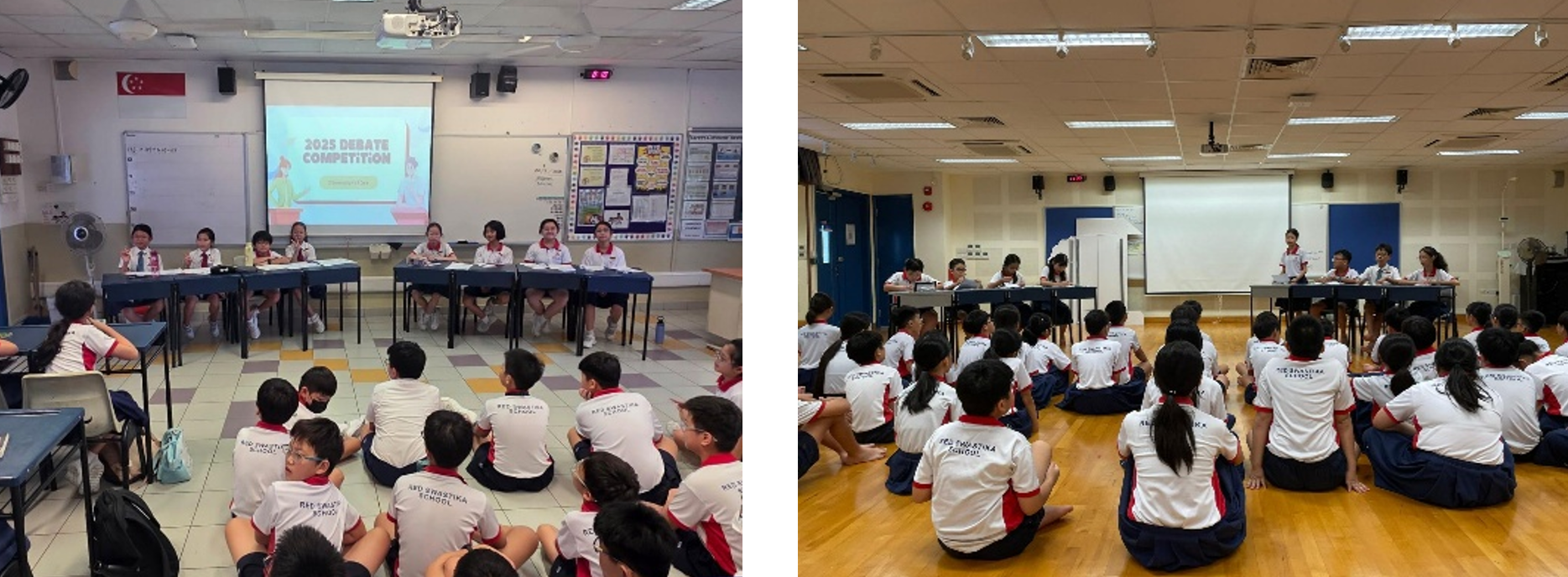 Two photographs showing Primary 5 students participating in a structured classroom debate, confidently presenting and defending their viewpoints while listening and responding to opposing perspectives.